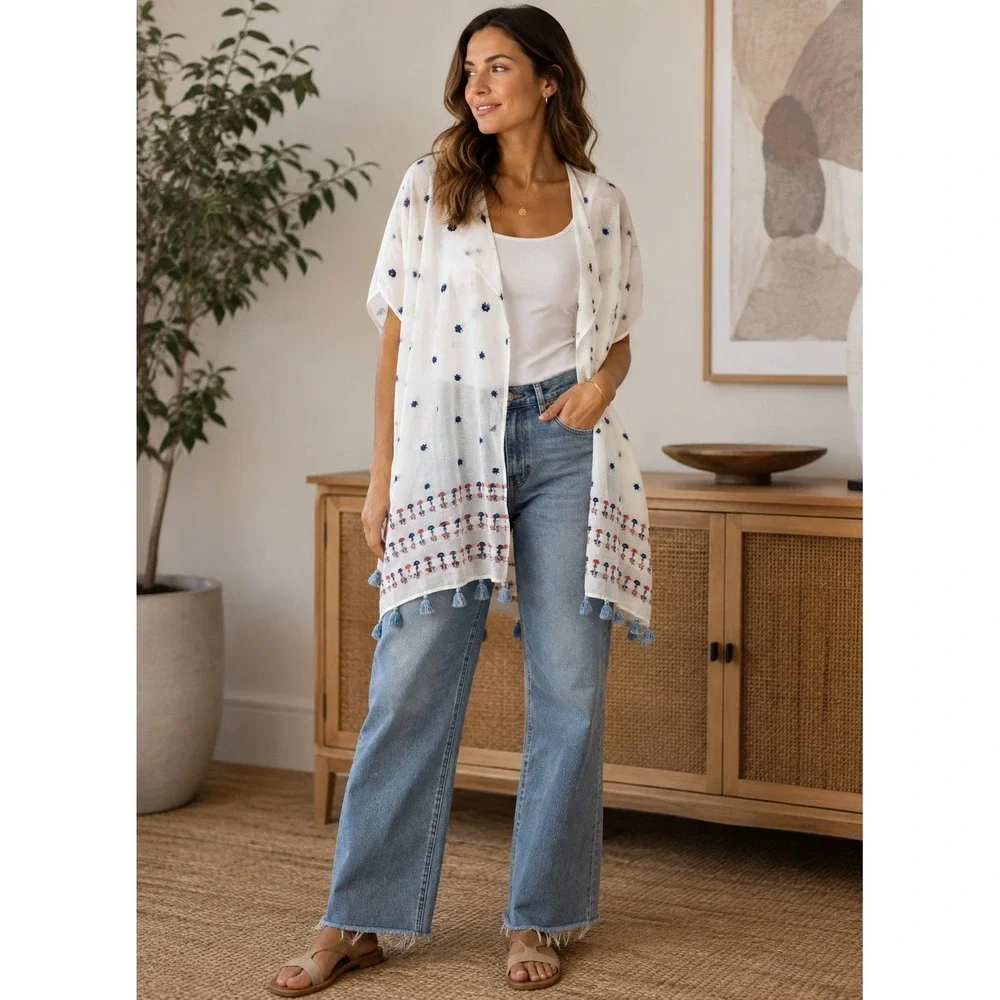 J.Crew Embroidered Tassel Kimono Wrap White Cotton Blend One Size Boho Coverup